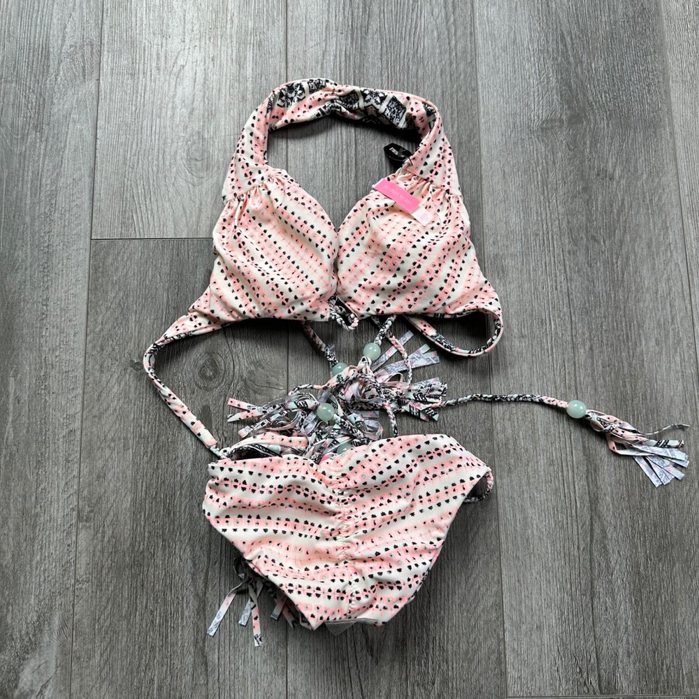 NWT VS Reversible Bikini Set Pink Black Tribal Boho Fringe Beads Top S Bottom XS